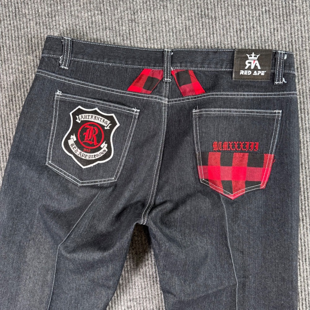 VTG Red Ape Jeans Mens‎ 42 Baggy Skater Denim Plaid Patch Y2K Streetwear Hip Hop